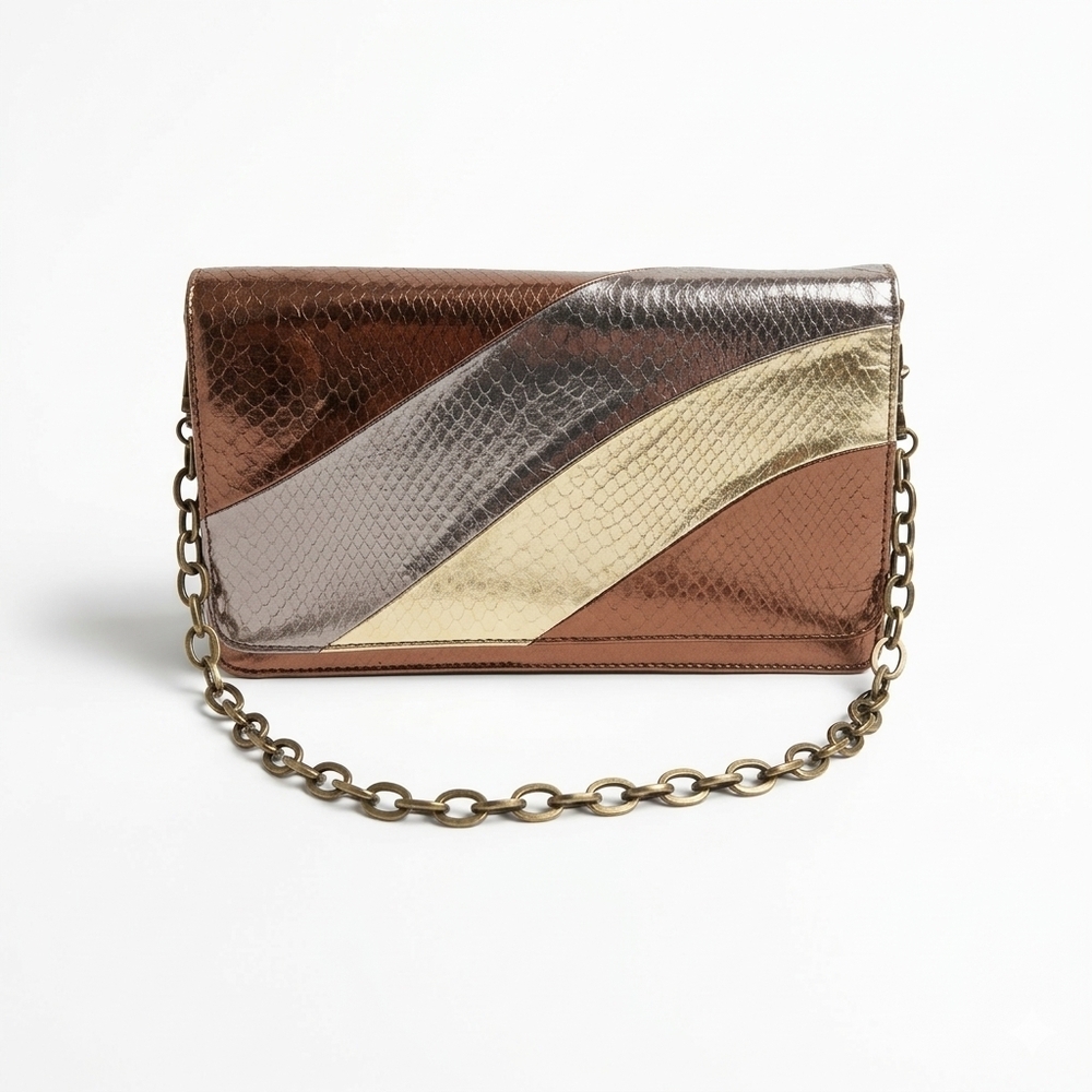 Vintage Leslie Fay Clutch Purse Snake‎ Skin Bronze Metallic Evening Party